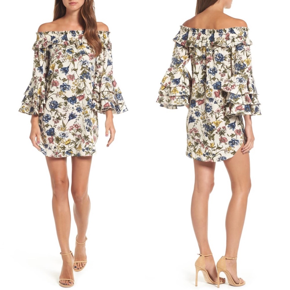 MISA LA Amal Floral Off Shoulder Bell Sleeve Dress